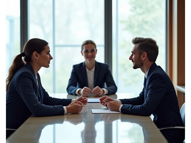 Two professionals sitting at a table with a neutral mediator, demonstrating calm and constructive dialogue.