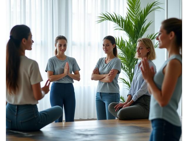 A diverse group of employees engaged in various wellness activities, such as stretching, meditating, and a casual group discussion, reflecting a balanced and supportive work environment.