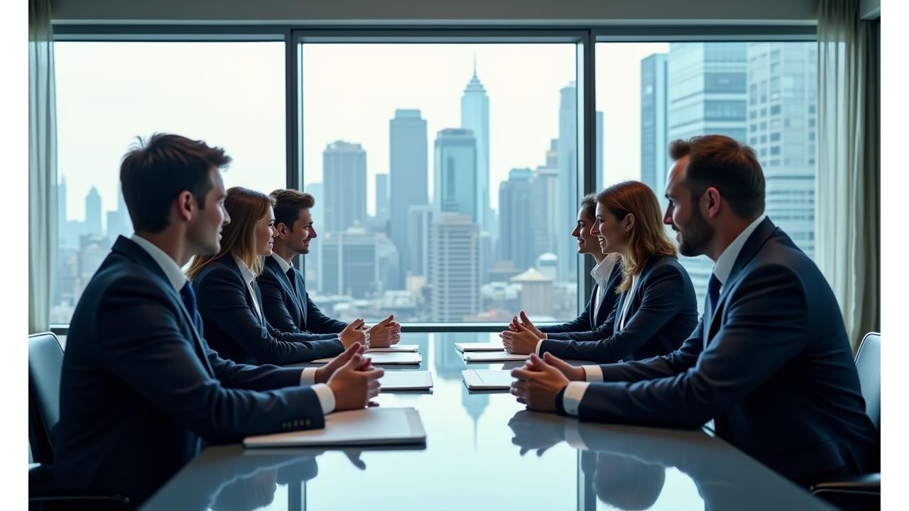 Executive business leaders in a modern, well-lit board room, collaborating and looking towards a positive future, conveying leadership and strategic growth.