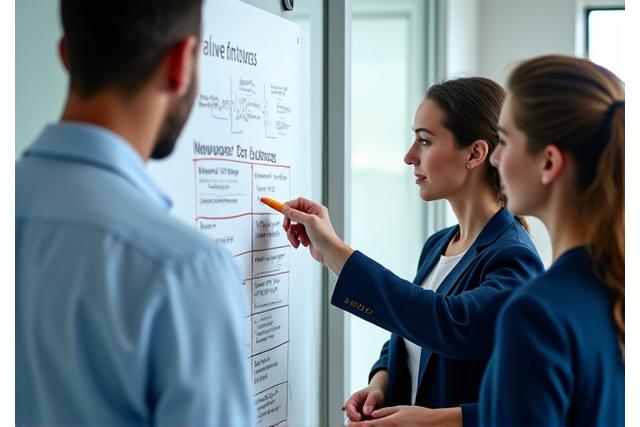 A diverse team collaborating around a whiteboard, illustrating effective change management and project implementation in an HR context.